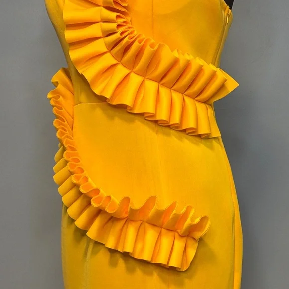Vibrant Yellow One Shoulder Ruffle Dress Size Large - Picture 8 of 16